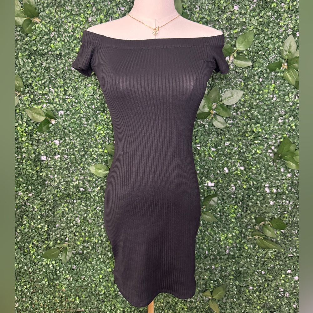 Windsor Black Ribbed Off-Shoulder Mini Dress